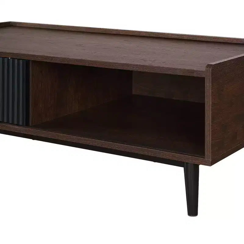 Table basse nervurée avec tiroir et étagère ouverte – Bois