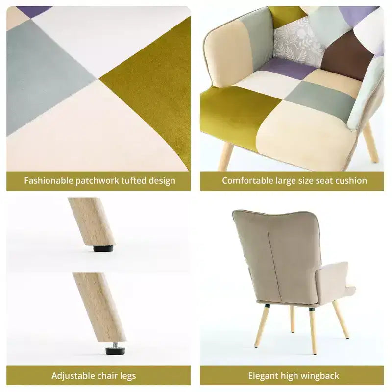 Fauteuil d'appoint à oreilles en patchwork avec pieds en bois d'hévéa – 89 cm H x 65 cm L x 80 cm P