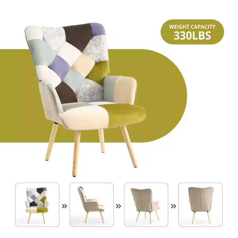 Fauteuil d'appoint à oreilles en patchwork avec pieds en bois d'hévéa – 89 cm H x 65 cm L x 80 cm P