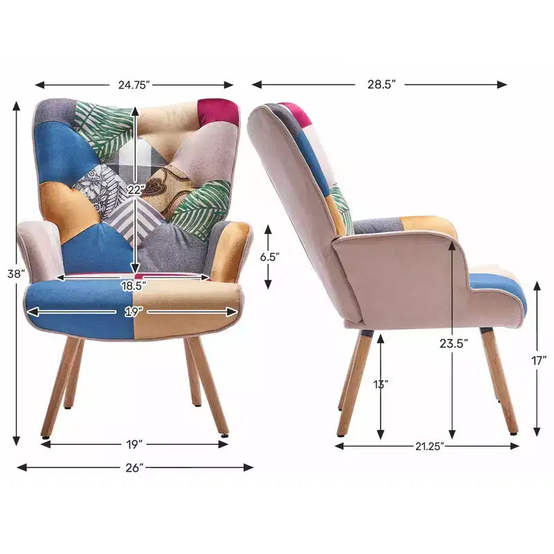 Fauteuil d'appoint à oreilles en patchwork avec pieds en bois d'hévéa – 89 cm H x 65 cm L x 80 cm P