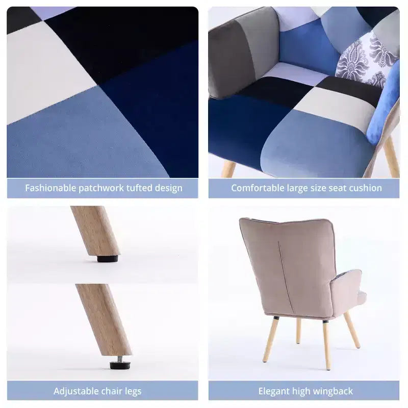 Fauteuil d'appoint à oreilles en patchwork avec pieds en bois d'hévéa – 89 cm H x 65 cm L x 80 cm P