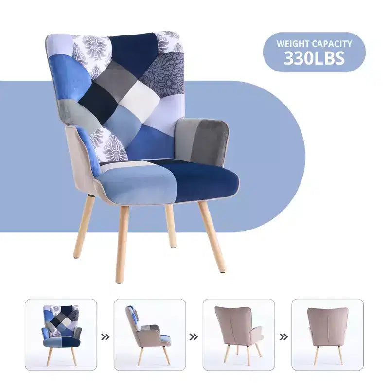 Fauteuil d'appoint à oreilles en patchwork avec pieds en bois d'hévéa – 89 cm H x 65 cm L x 80 cm P