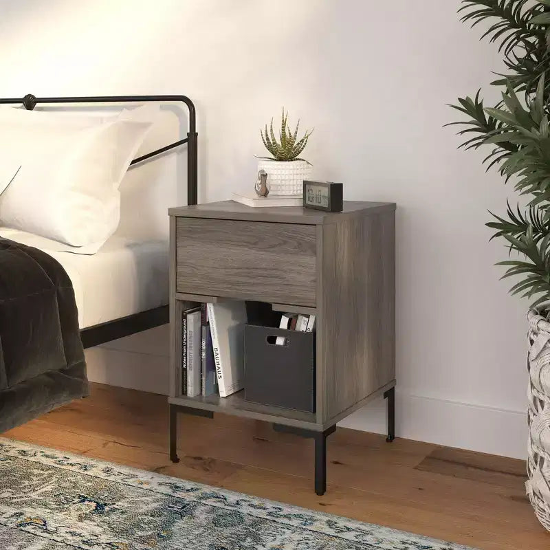 Table de chevet en chêne vieilli avec tiroir et étagère ouverte – 66 cm (H) x 45 cm (L) x 45 cm (P), MDF