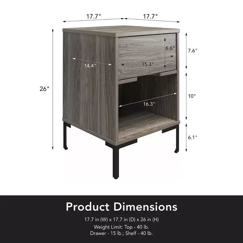 Table de chevet en chêne vieilli avec tiroir et étagère ouverte – 66 cm (H) x 45 cm (L) x 45 cm (P), MDF