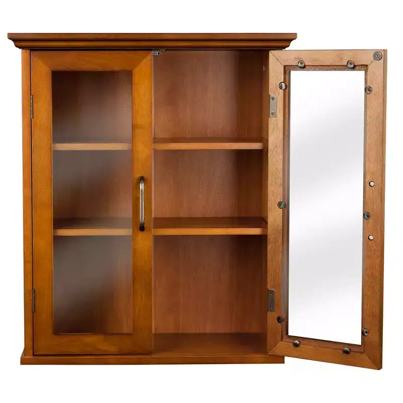 Meuble haut de rangement à 2 portes avec étagères réglables et poignées en laiton antique – Placage de chêne huilé
