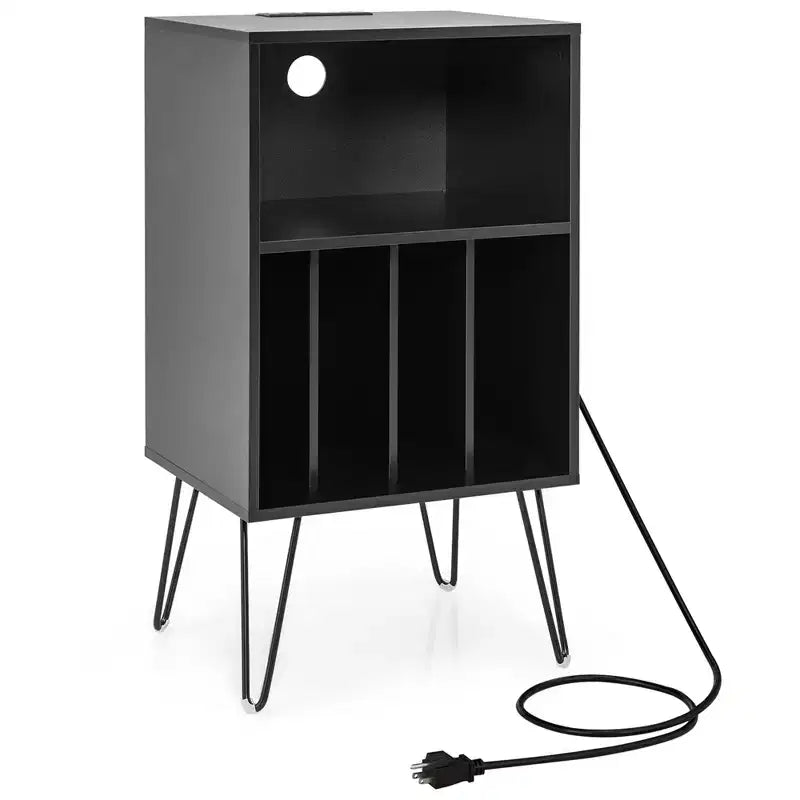Meuble tourne-disque à 3 niveaux avec station de charge et 4 séparateurs – Noyer/Noir/Marron
