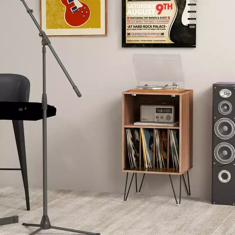 Meuble tourne-disque à 3 niveaux avec station de charge et 4 séparateurs – Noyer/Noir/Marron