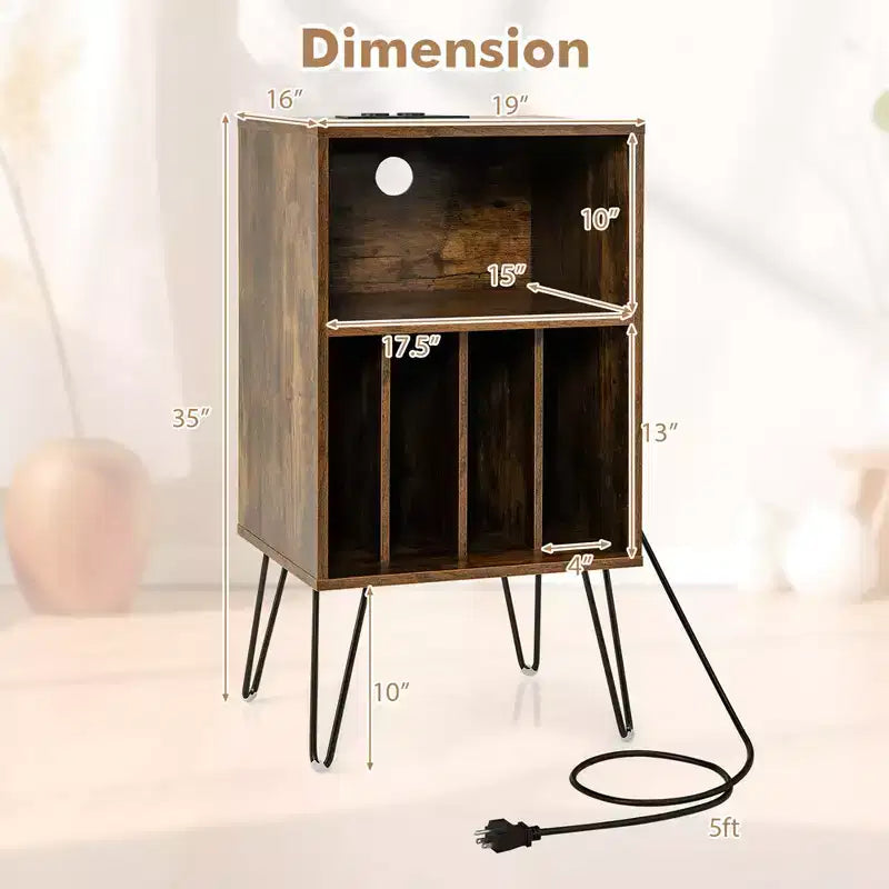 Meuble tourne-disque à 3 niveaux avec station de charge et 4 séparateurs – Noyer/Noir/Marron