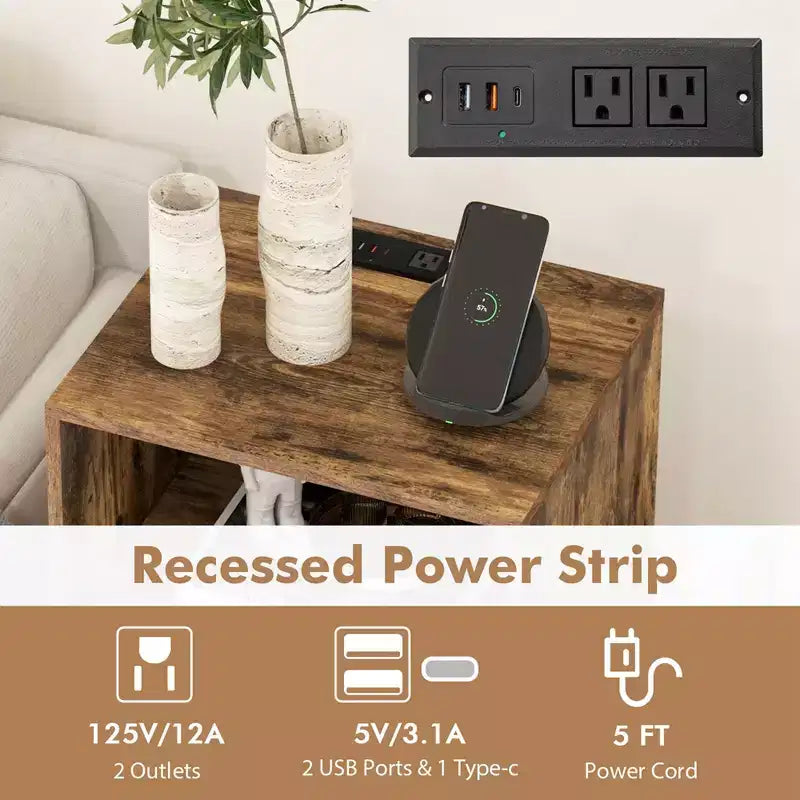 Meuble tourne-disque à 3 niveaux avec station de charge et 4 séparateurs – Noyer/Noir/Marron
