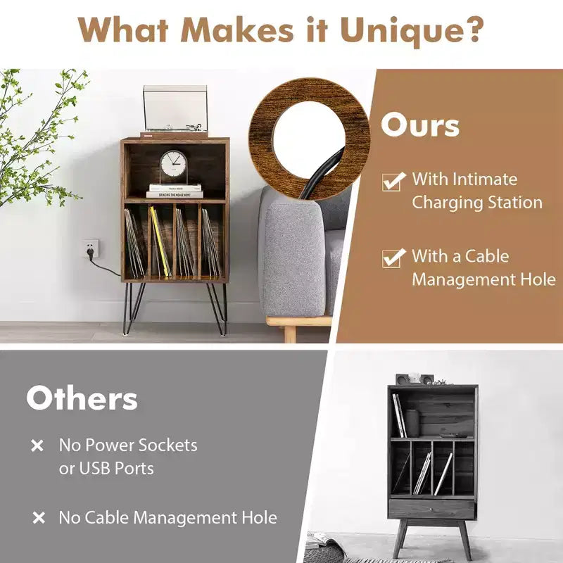 Meuble tourne-disque à 3 niveaux avec station de charge et 4 séparateurs – Noyer/Noir/Marron