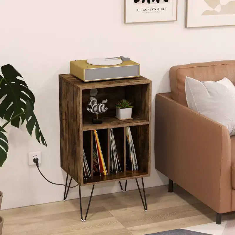 Meuble tourne-disque à 3 niveaux avec station de charge et 4 séparateurs – Noyer/Noir/Marron