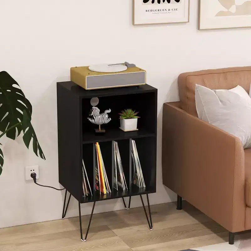 Meuble tourne-disque à 3 niveaux avec station de charge et 4 séparateurs – Noyer/Noir/Marron