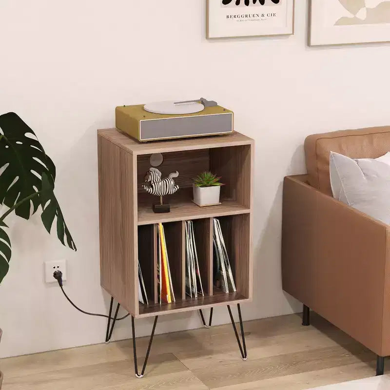 Meuble tourne-disque à 3 niveaux avec station de charge et 4 séparateurs – Noyer/Noir/Marron