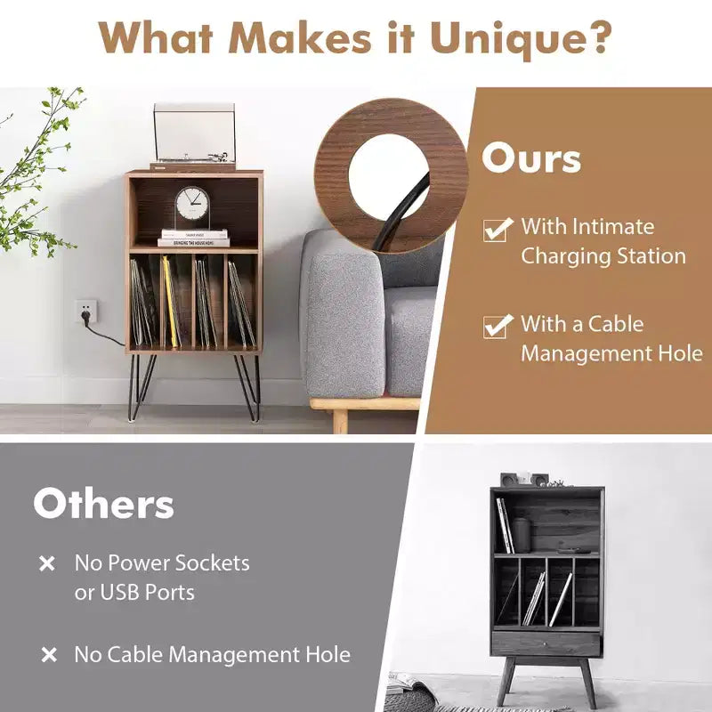Meuble tourne-disque à 3 niveaux avec station de charge et 4 séparateurs – Noyer/Noir/Marron