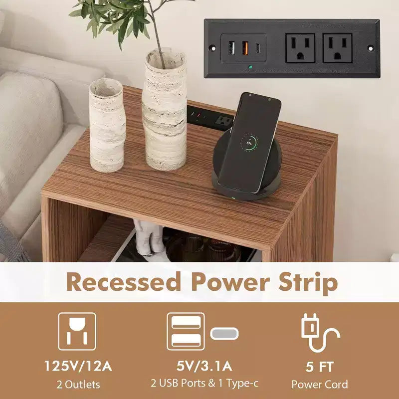 Meuble tourne-disque à 3 niveaux avec station de charge et 4 séparateurs – Noyer/Noir/Marron
