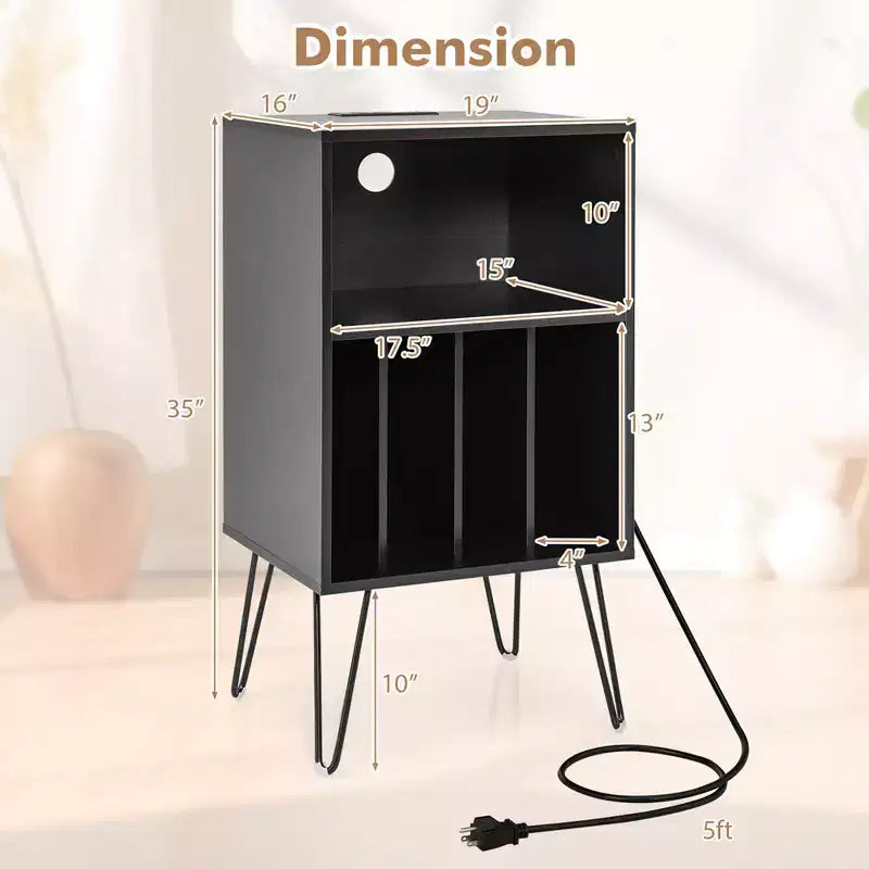 Meuble tourne-disque à 3 niveaux avec station de charge et 4 séparateurs – Noyer/Noir/Marron