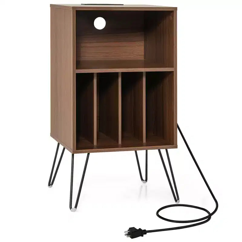 Meuble tourne-disque à 3 niveaux avec station de charge et 4 séparateurs – Noyer/Noir/Marron