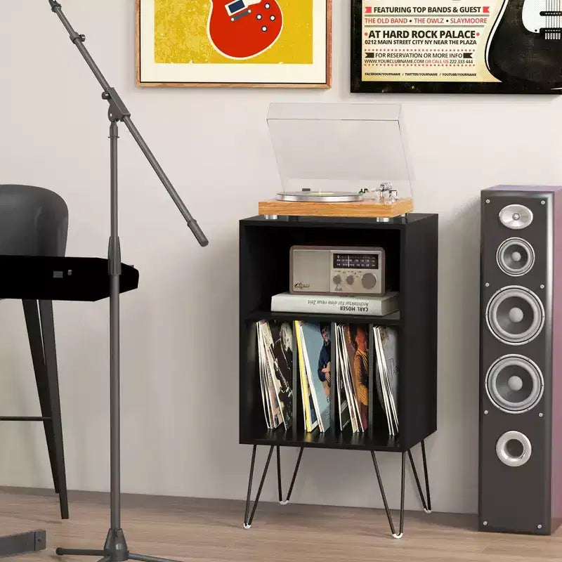 Meuble tourne-disque à 3 niveaux avec station de charge et 4 séparateurs – Noyer/Noir/Marron