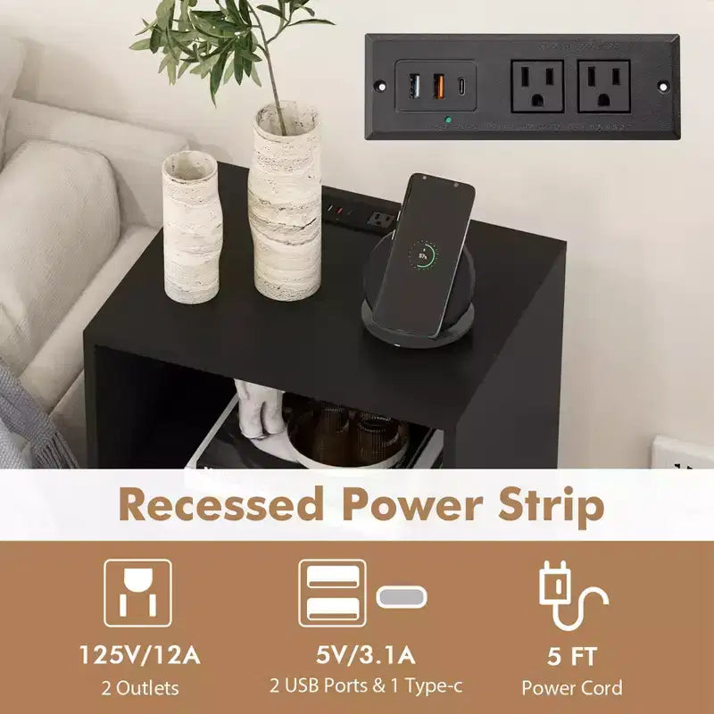 Meuble tourne-disque à 3 niveaux avec station de charge et 4 séparateurs – Noyer/Noir/Marron