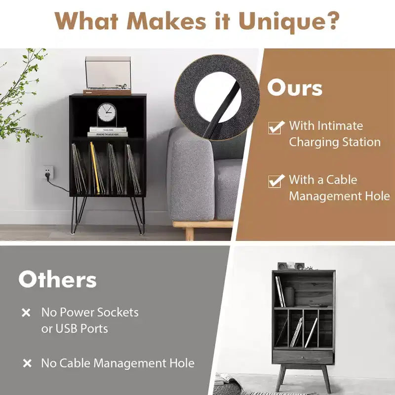 Meuble tourne-disque à 3 niveaux avec station de charge et 4 séparateurs – Noyer/Noir/Marron