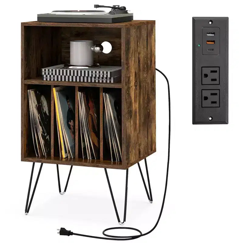 Meuble tourne-disque à 3 niveaux avec station de charge et 4 séparateurs – Noyer/Noir/Marron