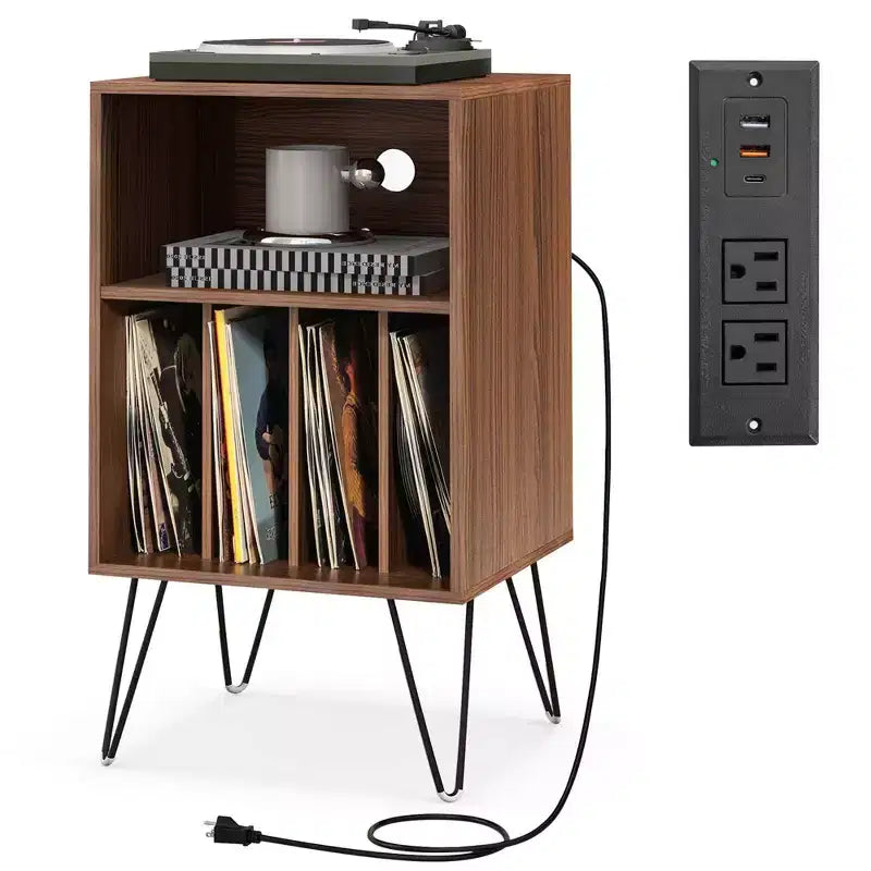 Meuble tourne-disque à 3 niveaux avec station de charge et 4 séparateurs – Noyer/Noir/Marron