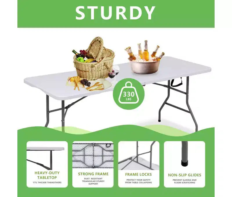 Table pliante portable de 1,8 m avec plateau en PEHD et pieds en acier