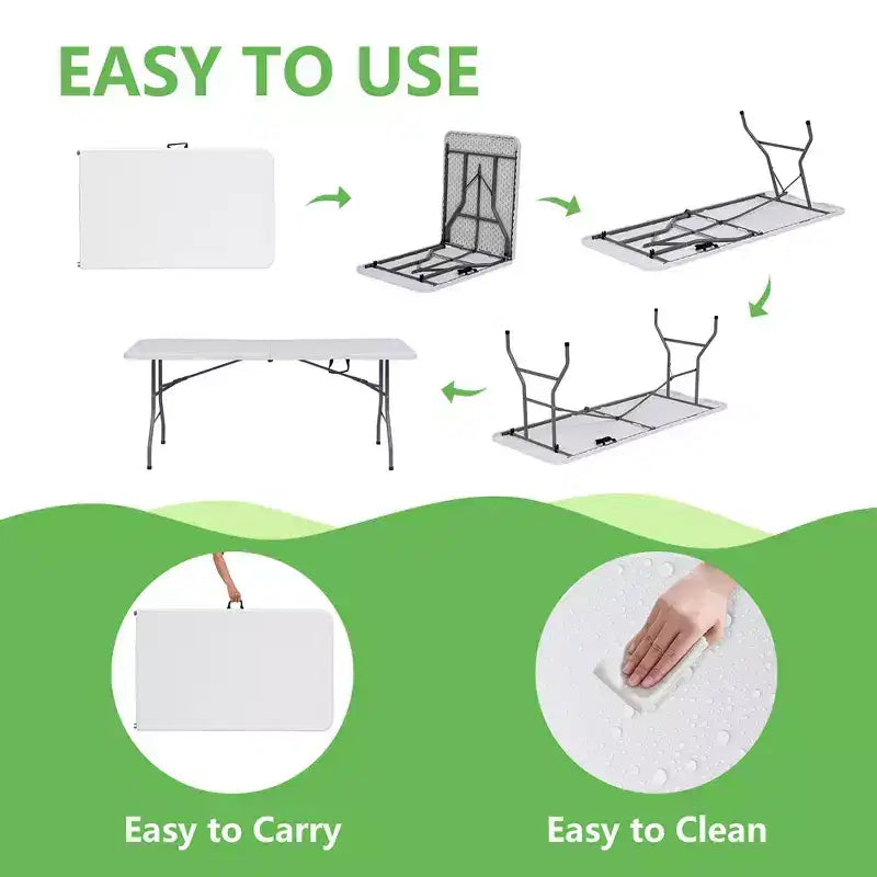 Table pliante portable de 1,8 m avec plateau en PEHD et pieds en acier