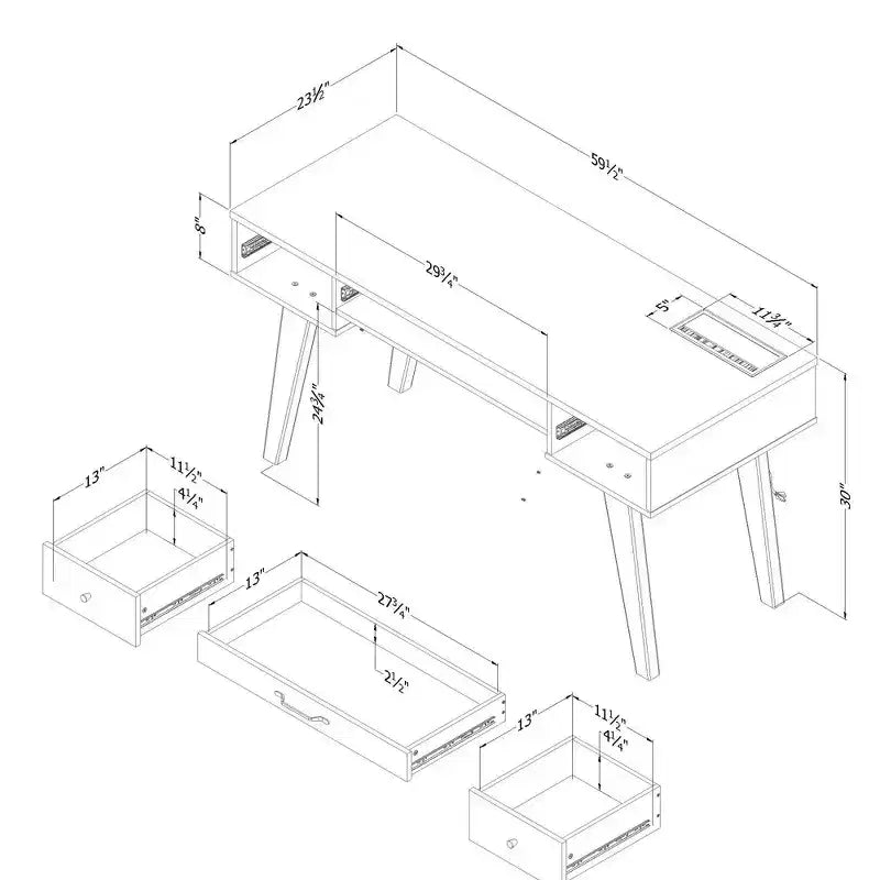 Bureau d'ordinateur avec multiprise intégrée et 3 tiroirs – 76,8 cm H x 151,1 cm L x 59,7 cm P