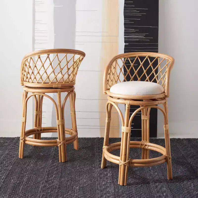 Tabouret de comptoir pivotant en rotin avec coussin – H 89 cm, Assise L 45 cm x P 40 cm, 102 kg