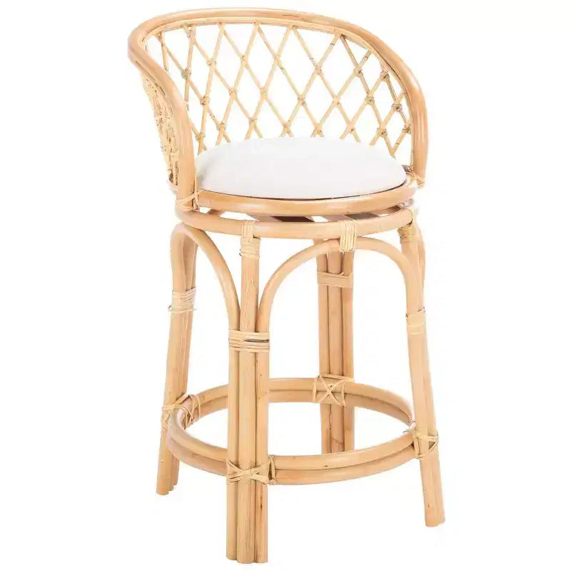 Tabouret de comptoir pivotant en rotin avec coussin – H 89 cm, Assise L 45 cm x P 40 cm, 102 kg