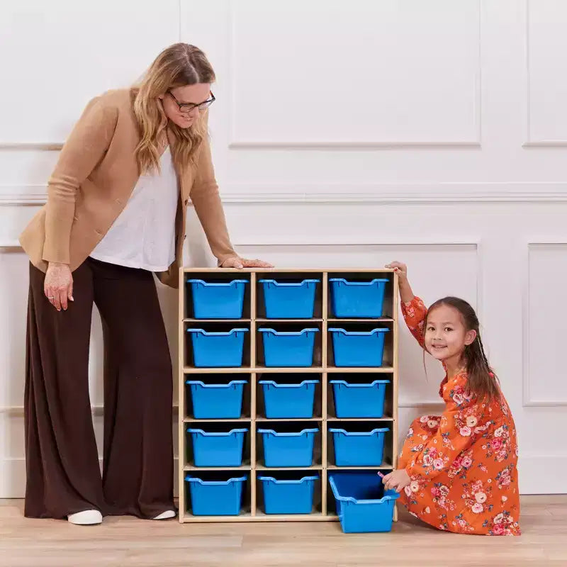 Meuble de rangement pour enfants à 15 casiers avec bacs à façade incurvée – 71 cm (l) x 33 cm (p) x 83,6 cm (H), Bouleau