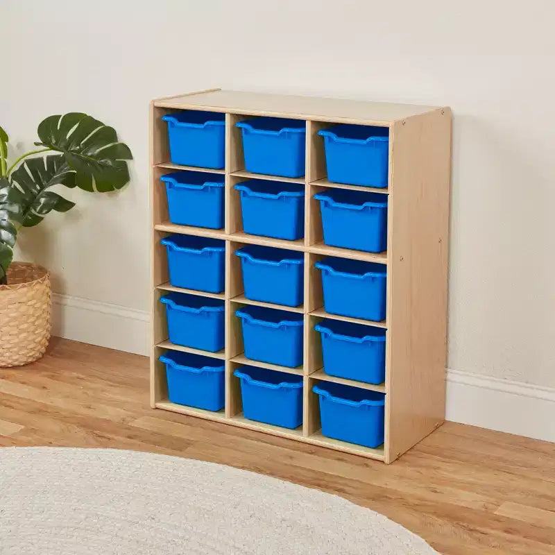 Meuble de rangement pour enfants à 15 casiers avec bacs à façade incurvée – 71 cm (l) x 33 cm (p) x 83,6 cm (H), Bouleau