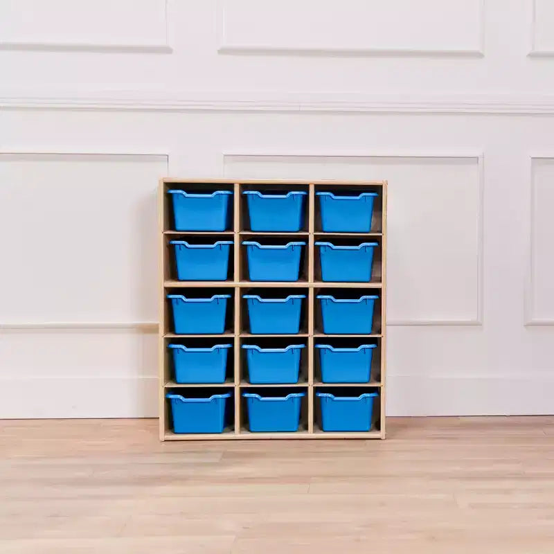 Meuble de rangement pour enfants à 15 casiers avec bacs à façade incurvée – 71 cm (l) x 33 cm (p) x 83,6 cm (H), Bouleau