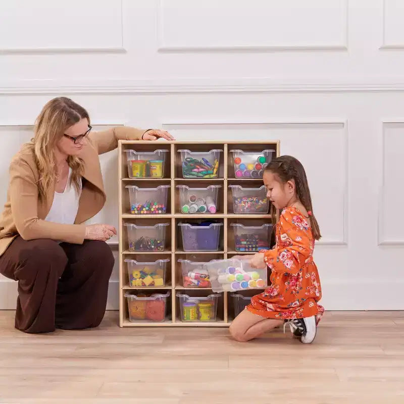 Meuble de rangement pour enfants à 15 casiers avec bacs à façade incurvée – 71 cm (l) x 33 cm (p) x 83,6 cm (H), Bouleau
