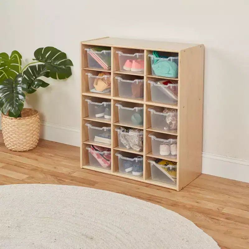 Meuble de rangement pour enfants à 15 casiers avec bacs à façade incurvée – 71 cm (l) x 33 cm (p) x 83,6 cm (H), Bouleau