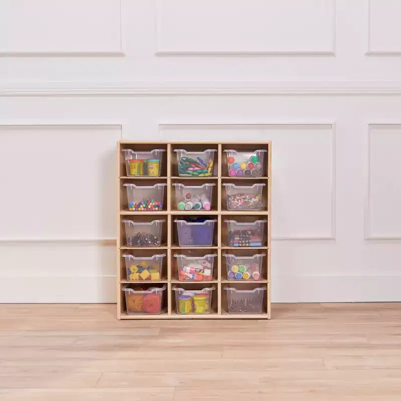 Meuble de rangement pour enfants à 15 casiers avec bacs à façade incurvée – 71 cm (l) x 33 cm (p) x 83,6 cm (H), Bouleau
