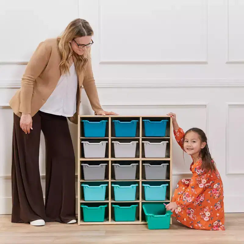 Meuble de rangement pour enfants à 15 casiers avec bacs à façade incurvée – 71 cm (l) x 33 cm (p) x 83,6 cm (H), Bouleau