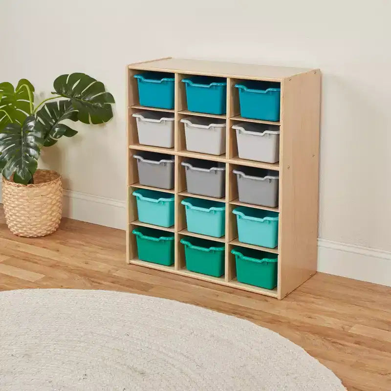 Meuble de rangement pour enfants à 15 casiers avec bacs à façade incurvée – 71 cm (l) x 33 cm (p) x 83,6 cm (H), Bouleau