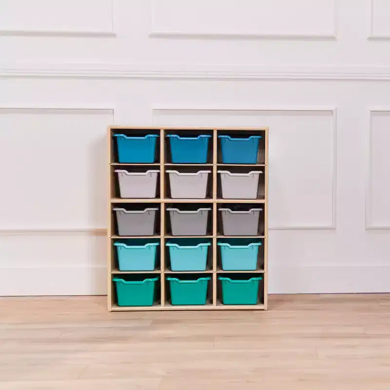 Meuble de rangement pour enfants à 15 casiers avec bacs à façade incurvée – 71 cm (l) x 33 cm (p) x 83,6 cm (H), Bouleau
