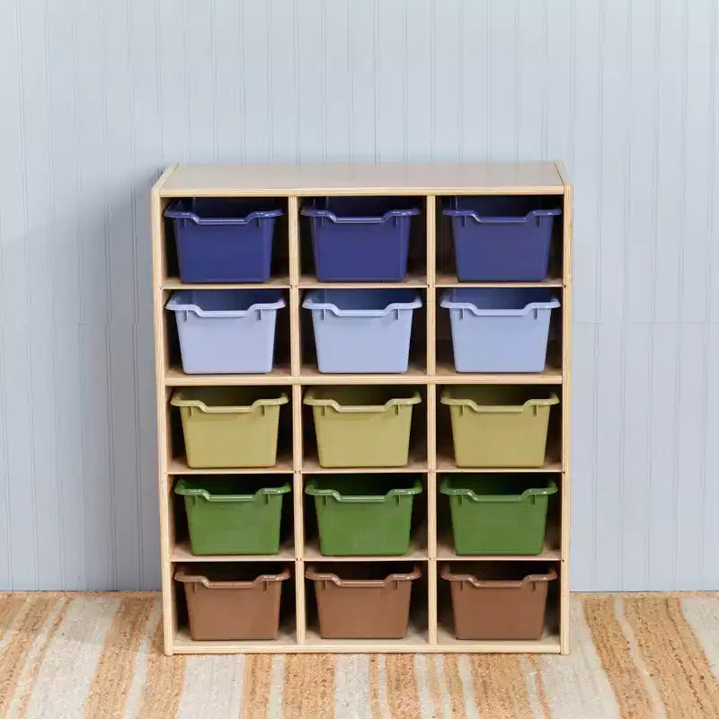 Meuble de rangement pour enfants à 15 casiers avec bacs à façade incurvée – 71 cm (l) x 33 cm (p) x 83,6 cm (H), Bouleau