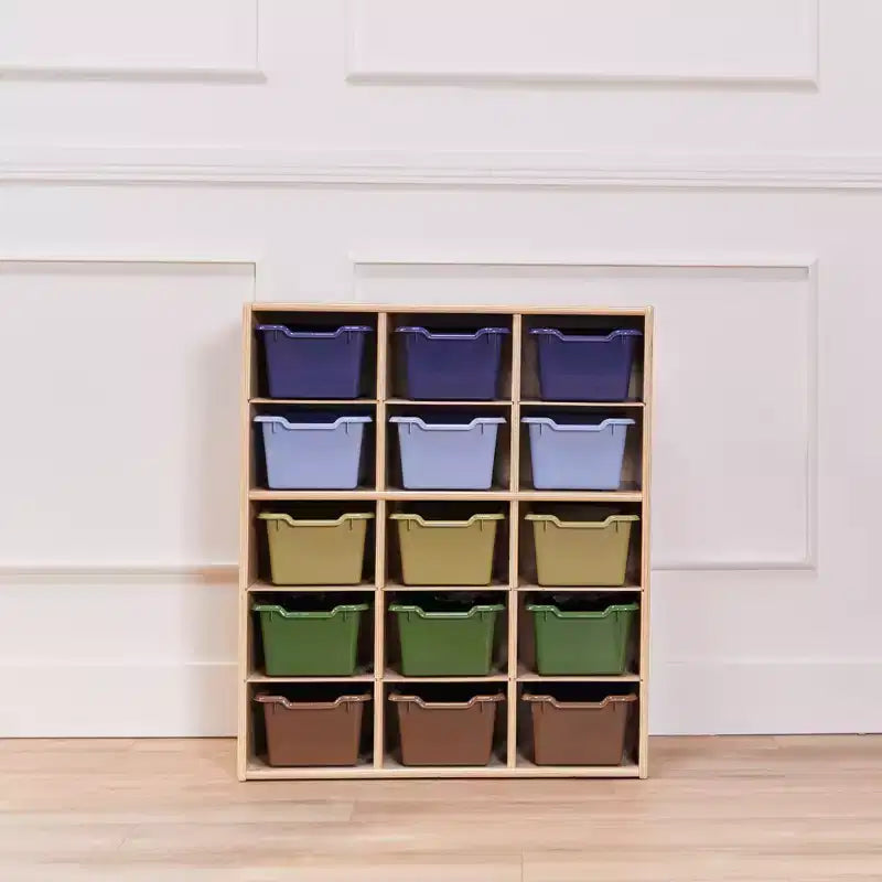 Meuble de rangement pour enfants à 15 casiers avec bacs à façade incurvée – 71 cm (l) x 33 cm (p) x 83,6 cm (H), Bouleau
