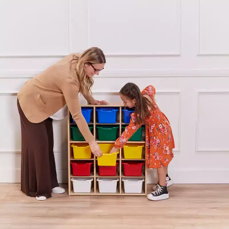 Meuble de rangement pour enfants à 15 casiers avec bacs à façade incurvée – 71 cm (l) x 33 cm (p) x 83,6 cm (H), Bouleau