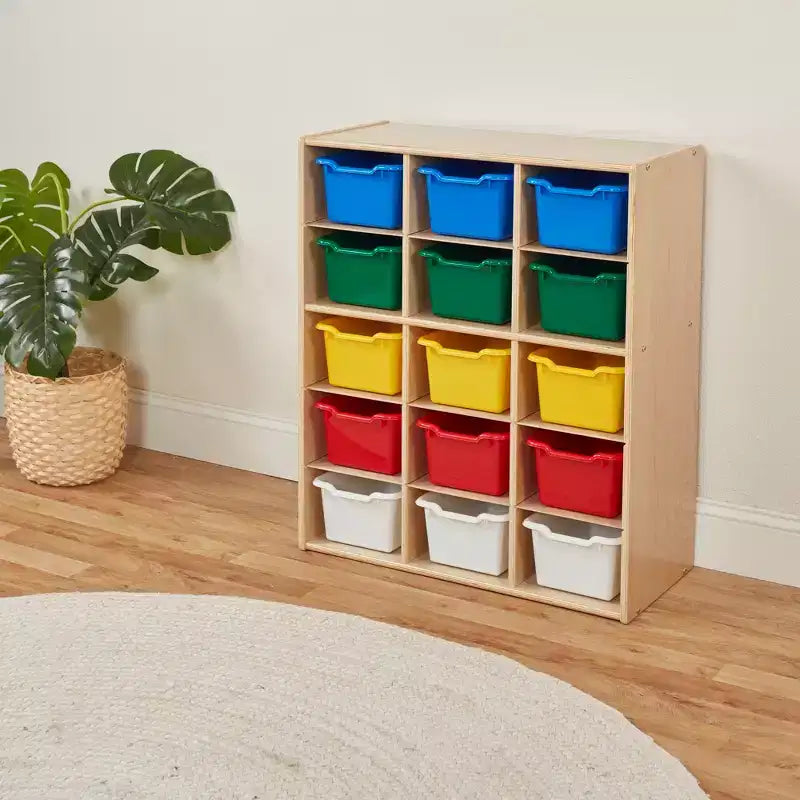 Meuble de rangement pour enfants à 15 casiers avec bacs à façade incurvée – 71 cm (l) x 33 cm (p) x 83,6 cm (H), Bouleau