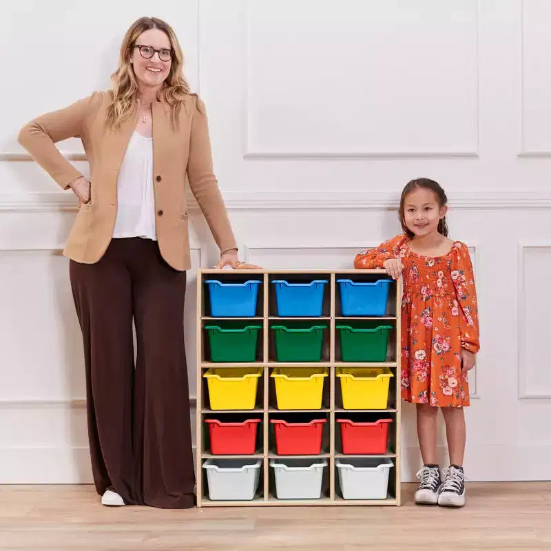 Meuble de rangement pour enfants à 15 casiers avec bacs à façade incurvée – 71 cm (l) x 33 cm (p) x 83,6 cm (H), Bouleau