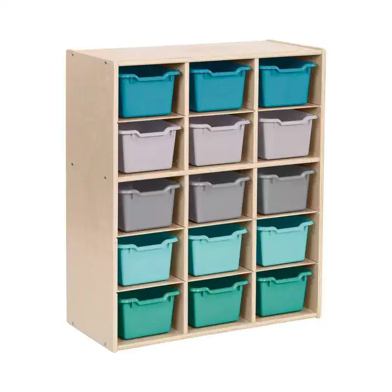 Meuble de rangement pour enfants à 15 casiers avec bacs à façade incurvée – 71 cm (l) x 33 cm (p) x 83,6 cm (H), Bouleau