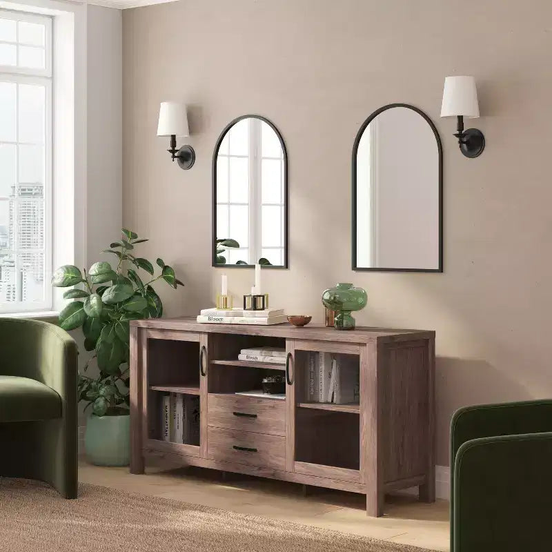 Buffet en bois manufacturé avec portes en verre trempé, 2 tiroirs et étagère ouverte