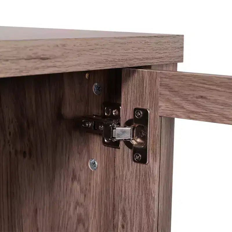 Buffet en bois manufacturé avec portes en verre trempé, 2 tiroirs et étagère ouverte