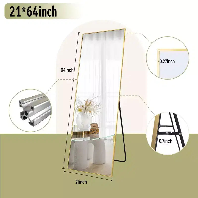 Miroir sur pied pleine longueur, cadre en alliage d'aluminium – 147 cm H x 46 cm L, autoportant