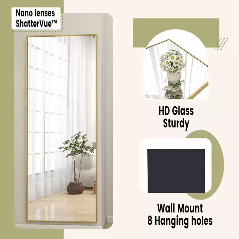 Miroir sur pied pleine longueur, cadre en alliage d'aluminium – 147 cm H x 46 cm L, autoportant